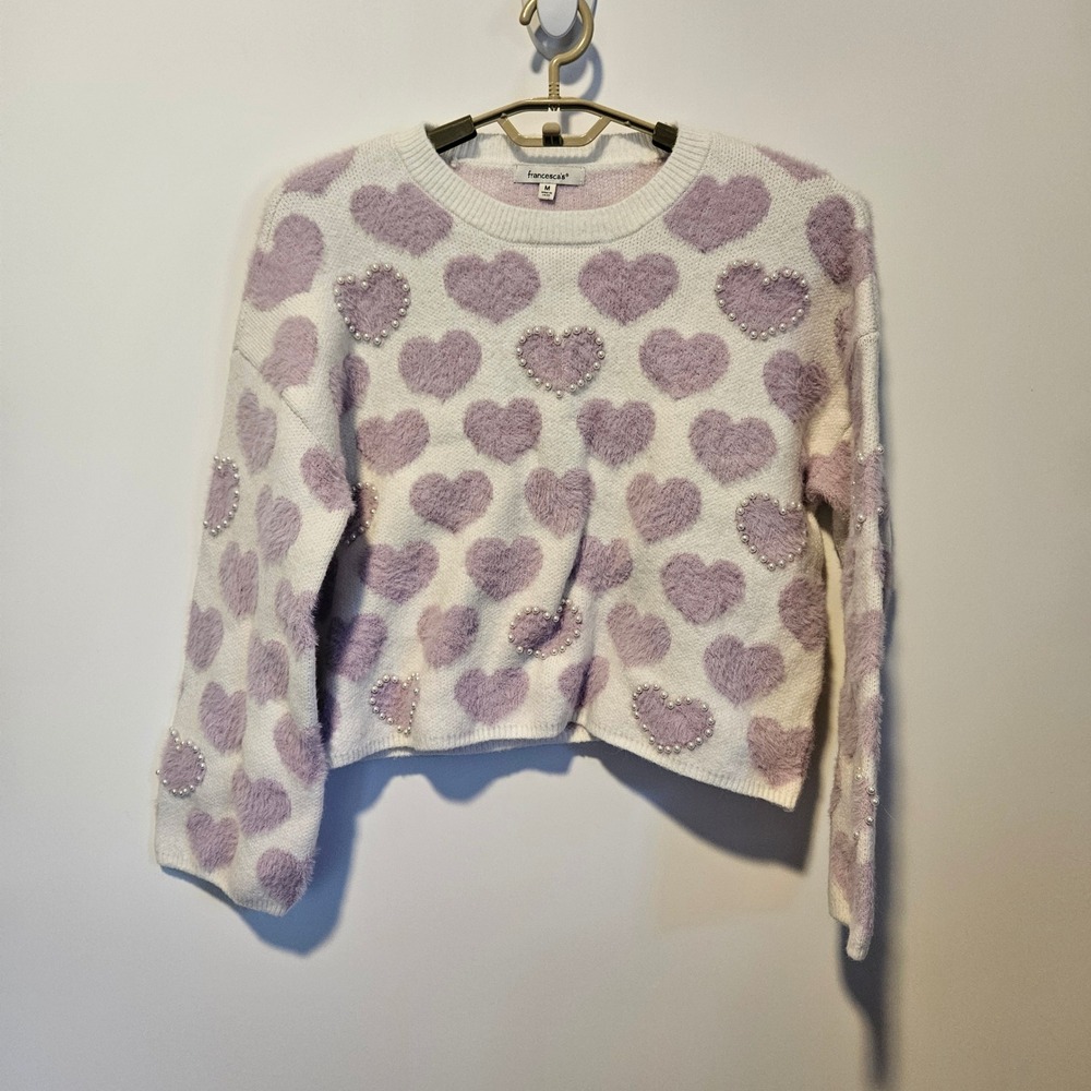 Francesca's Crop Sweater Womens M Purple Heart Pearl Fuzzy Knit Feminine